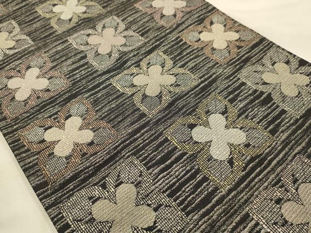 平和屋着物●全通柄袋帯 横段花文 黒地 銀糸 正絹 逸品 AABJ7510sx