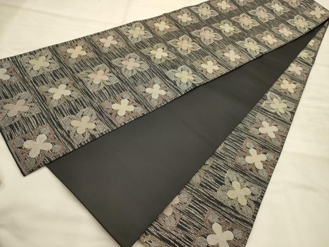 平和屋着物●全通柄袋帯 横段花文 黒地 銀糸 正絹 逸品 AABJ7510sx