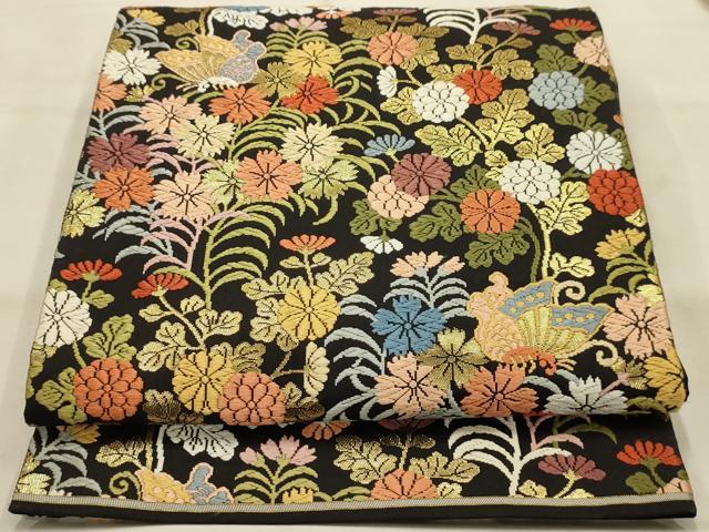 平和屋着物●六通柄袋帯 唐織 花蝶文 黒地 金糸 正絹 逸品 AABJ7512sx