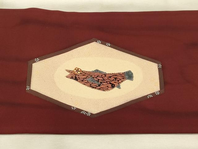 平和屋着物●塩瀬 九寸名古屋帯 パッチワーク 魚 正絹 逸品 AABJ7513sx