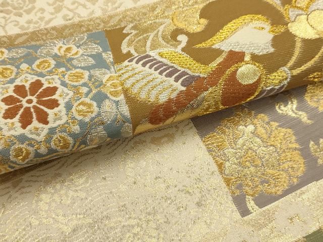平和屋着物●六通柄袋帯 唐織 名物裂 鴛鴦花文 金銀糸 正絹 逸品 AABJ7519sx
