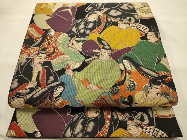 平和屋着物●六通柄袋帯 三十六歌仙図 黒地 金糸 正絹 逸品 AABJ7526sx