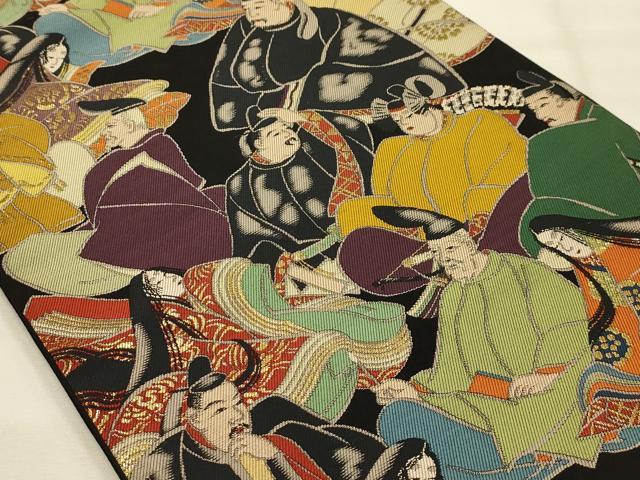 平和屋着物●六通柄袋帯 三十六歌仙図 黒地 金糸 正絹 逸品 AABJ7526sx