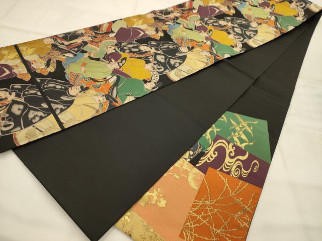 平和屋着物●六通柄袋帯 三十六歌仙図 黒地 金糸 正絹 逸品 AABJ7526sx