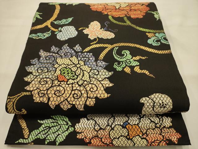 平和屋着物●龍村平蔵製 六通柄 本袋帯 上代紗唐草 黒地 金銀糸 正絹 逸品 AABJ7527sx