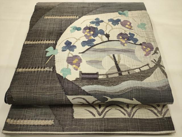 平和屋着物▽両面太鼓柄袋帯 スリーシーズン 春夏秋 すくい織 風景文 正絹 逸品 AABJ7531sx