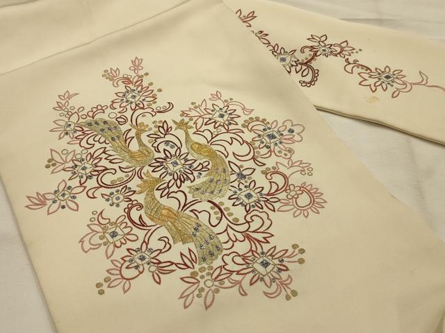 平和屋着物●塩瀬 九寸名古屋帯 総刺繍 花鳥文 金銀糸 正絹 逸品 AABJ7536sx