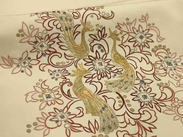 平和屋着物●塩瀬 九寸名古屋帯 総刺繍 花鳥文 金銀糸 正絹 逸品 AABJ7536sx