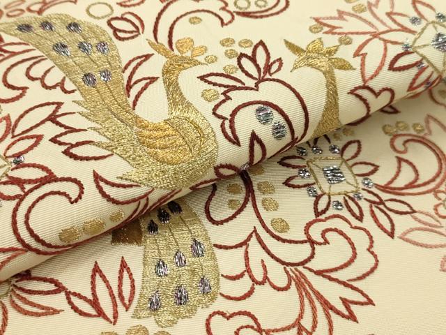 平和屋着物●塩瀬 九寸名古屋帯 総刺繍 花鳥文 金銀糸 正絹 逸品 AABJ7536sx