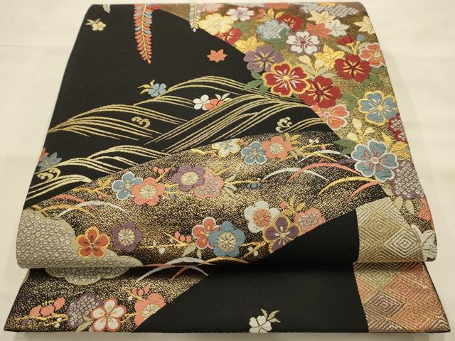 平和屋着物●六通柄袋帯 唐織 慶長桜花文 黒地 金糸 正絹 逸品 AABJ7537sx
