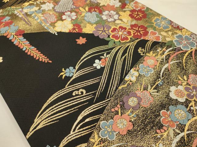 平和屋着物●六通柄袋帯 唐織 慶長桜花文 黒地 金糸 正絹 逸品 AABJ7537sx