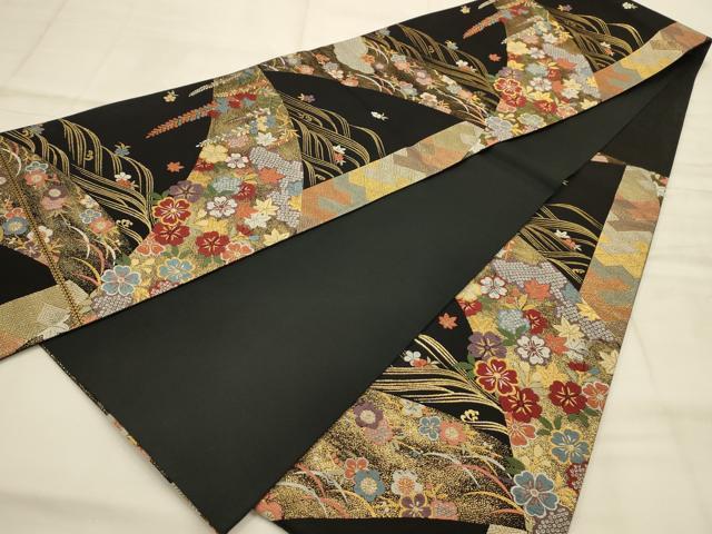 平和屋着物●六通柄袋帯 唐織 慶長桜花文 黒地 金糸 正絹 逸品 AABJ7537sx