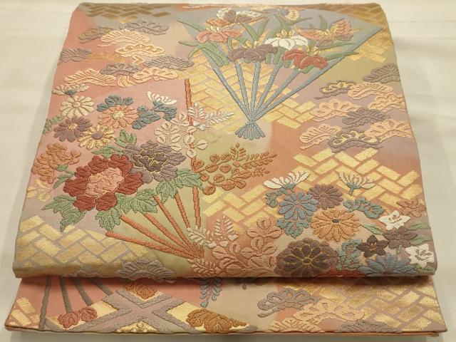 平和屋着物●六通柄袋帯 唐織 扇面花蝶文 金糸 正絹 逸品 AABJ7548sx