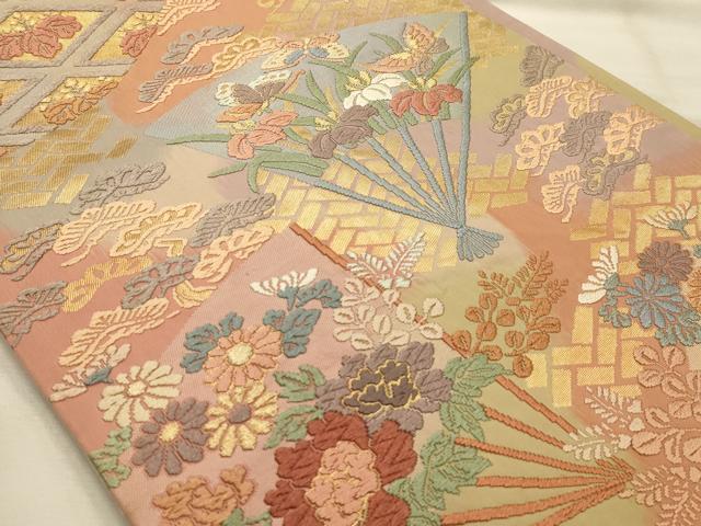 平和屋着物●六通柄袋帯 唐織 扇面花蝶文 金糸 正絹 逸品 AABJ7548sx