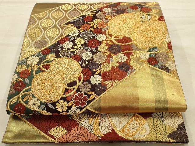 平和屋着物●六通柄袋帯 唐織 吉祥花楽器文 金糸 正絹 逸品 AABJ7549sx