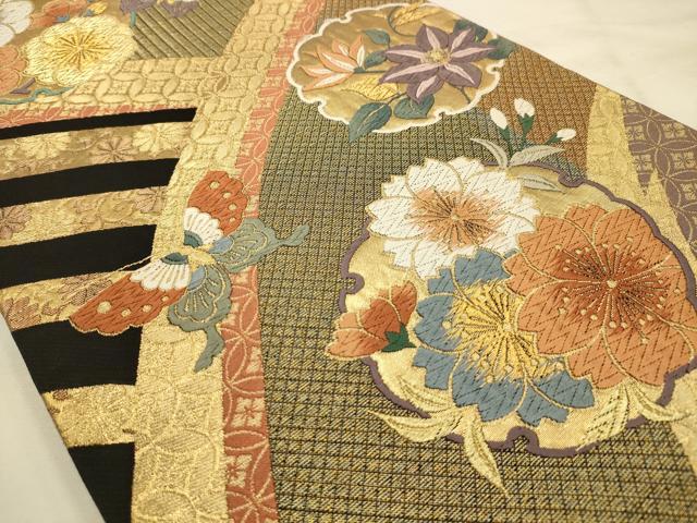 平和屋着物●六通柄袋帯 唐織 雪輪花蝶文 金糸 正絹 逸品 AABJ7550sx