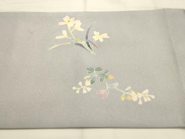 平和屋着物●太鼓柄袋帯 草花文 銀通し地 正絹 逸品 AABJ7559sx