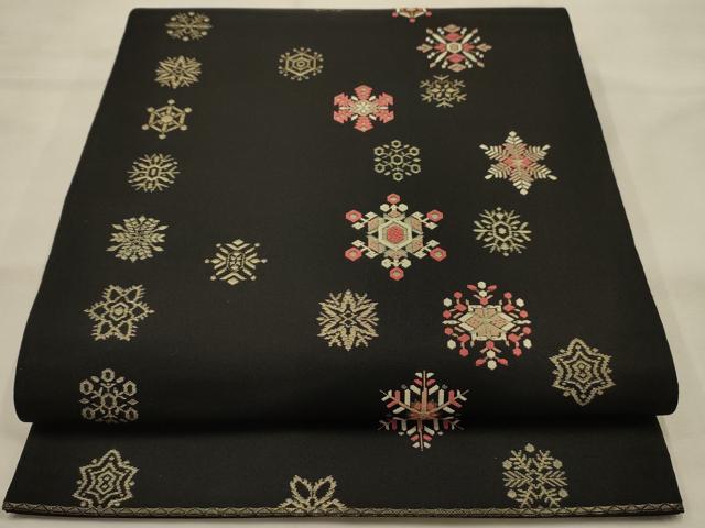 平和屋着物●六通柄 本袋帯 唐織 雪華文 黒地 金糸 正絹 逸品 AABJ7585sx