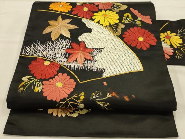 平和屋着物●アンティーク 大正ロマン 九寸名古屋帯 中国三大刺繍 相良刺繍 総刺繍 地紙花文 黒地 金糸 正絹 逸品 AABJ7599sx