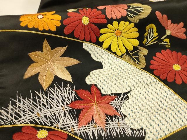 平和屋着物●アンティーク 大正ロマン 九寸名古屋帯 中国三大刺繍 相良刺繍 総刺繍 地紙花文 黒地 金糸 正絹 逸品 AABJ7599sx