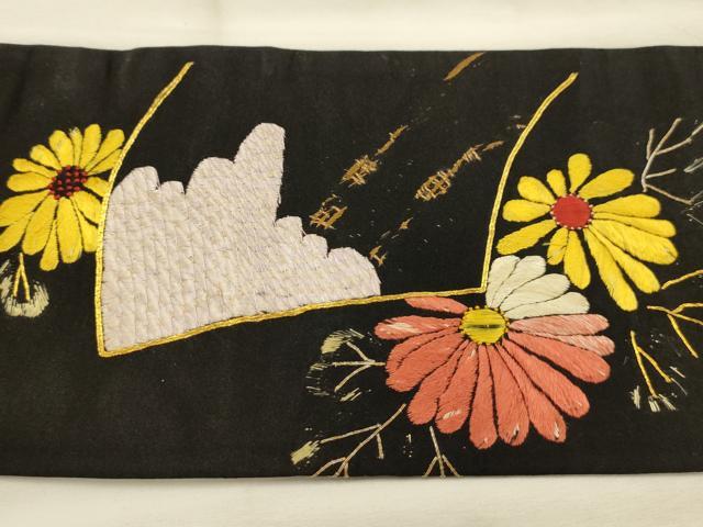 平和屋着物●アンティーク 大正ロマン 九寸名古屋帯 中国三大刺繍 相良刺繍 総刺繍 地紙花文 黒地 金糸 正絹 逸品 AABJ7599sx