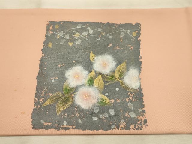 平和屋着物●塩瀬 九寸名古屋帯 作家物 破れ色紙花文 金彩 正絹 逸品 AABJ7604sx
