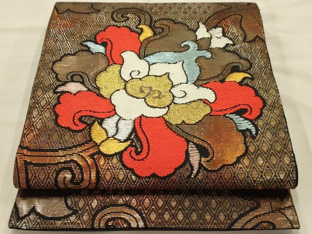 平和屋着物●六通柄 本袋帯 名物中牡丹 黒地 金糸 正絹 逸品 AABJ7625sx