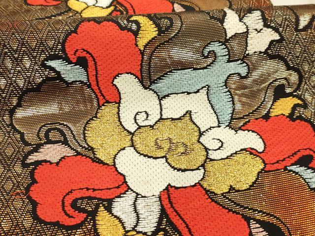 平和屋着物●六通柄 本袋帯 名物中牡丹 黒地 金糸 正絹 逸品 AABJ7625sx