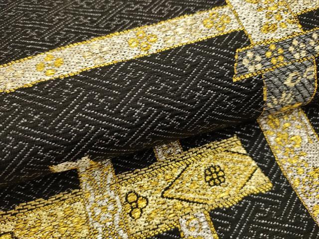 平和屋着物●六通柄袋帯 花格子 黒地 金銀糸 正絹 逸品 AABJ7631sx