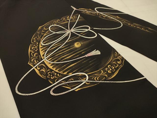 平和屋着物●塩瀬 九寸名古屋帯 花鏡裏文 黒地 金彩 正絹 逸品 AABJ7644sx
