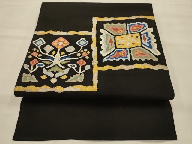 平和屋着物●爪搔き本綴れ つけ帯 色紙花文 黒地 金銀糸 正絹 逸品 AABJ7650sx