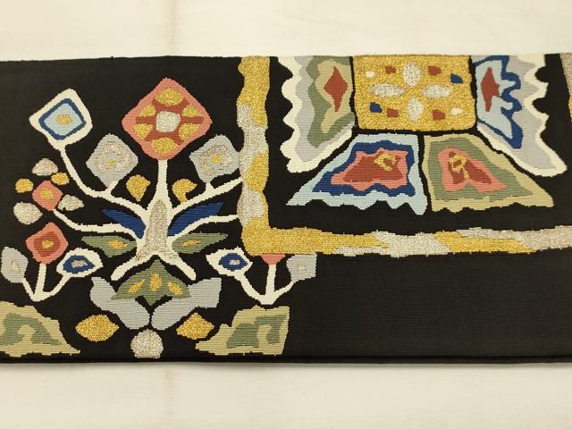 平和屋着物●爪搔き本綴れ つけ帯 色紙花文 黒地 金銀糸 正絹 逸品 AABJ7650sx