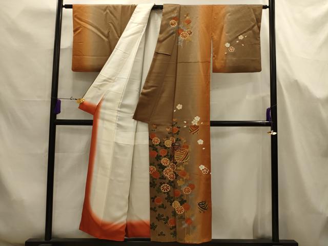平和屋着物■歌舞伎界の人間国宝 片岡仁左衛門 訪問着 糸巻き花文 暈し染め 金彩 正絹 逸品 AABJ7669sx