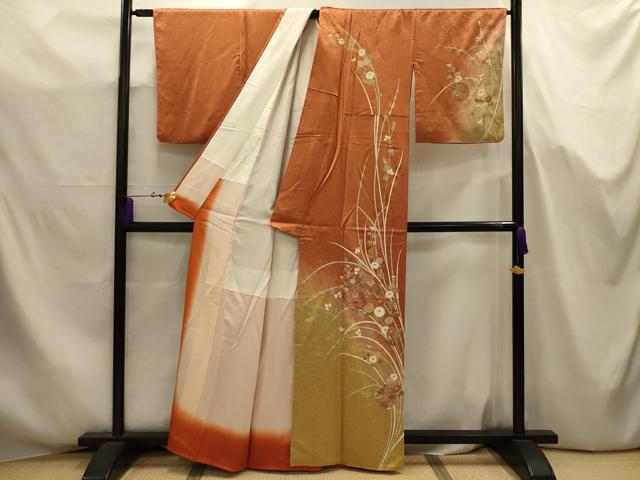 平和屋着物■中国三大刺繍 汕頭刺繍 スワトウ刺繍 訪問着 草花文 暈し染め 金糸 金彩 正絹 逸品 AABJ7719sx