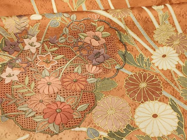 平和屋着物■中国三大刺繍 汕頭刺繍 スワトウ刺繍 訪問着 草花文 暈し染め 金糸 金彩 正絹 逸品 AABJ7719sx