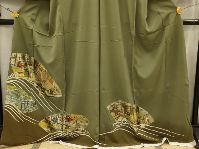 平和屋着物■豪華色留袖 作家物 駒刺繍 地紙人物風景文 金彩 反端付き 仮絵羽 正絹 逸品 未使用 AABJ7726sx