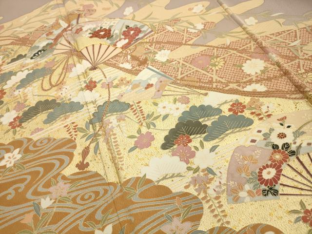 平和屋着物■豪華色留袖 駒刺繍 流水扇面花文 金彩 正絹 逸品 AABJ7794sx