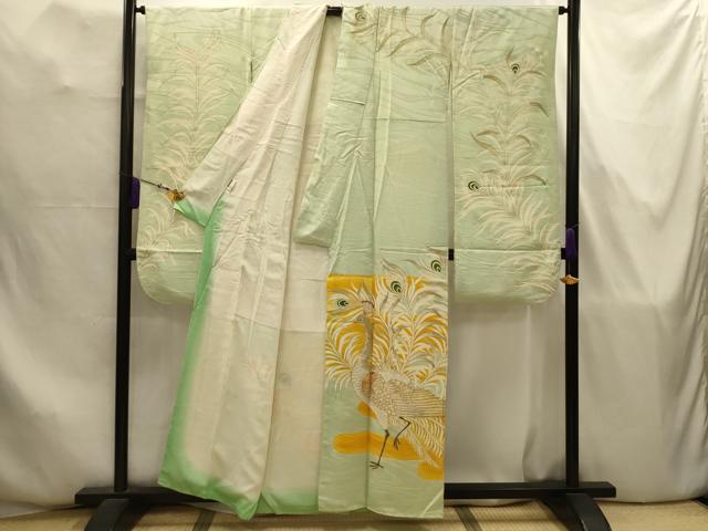平和屋着物■豪華振袖 手描き 駒刺繍 孔雀文 金彩 正絹 逸品 AABJ7829sx