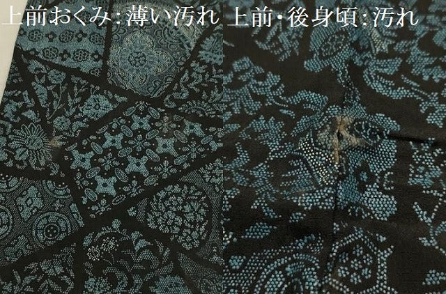 平和屋着物■アンティーク 大正ロマン 小紋 裂取花文 黒地 正絹 逸品 AABJ7859sx