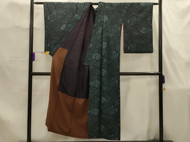平和屋着物■アンティーク 大正ロマン 小紋 裂取花文 黒地 正絹 逸品 AABJ7859sx