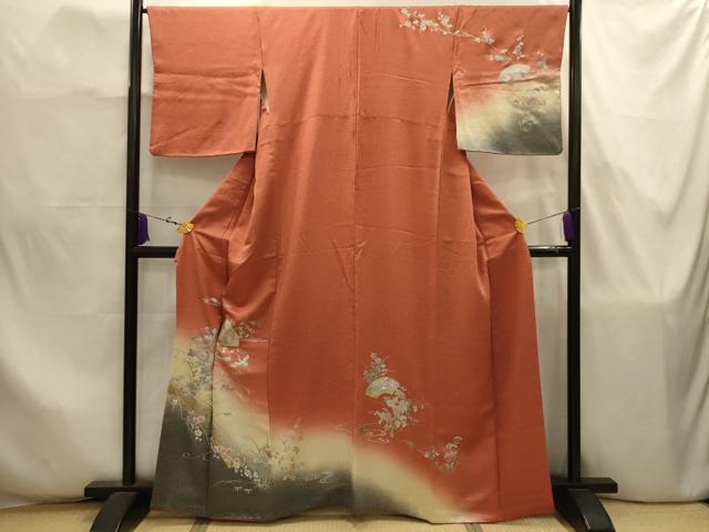 平和屋着物■訪問着 螺鈿 渡り橋飛鶴花文 暈し染め 金銀彩 正絹 逸品 AABJ7869sx