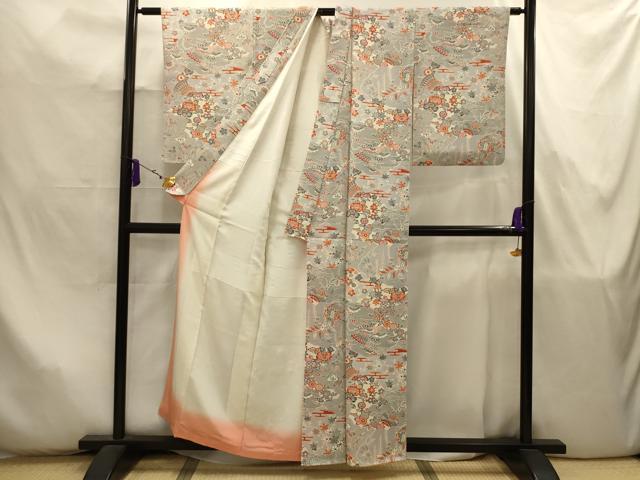 平和屋着物■上質な小紋 型染め 扇面花風景文 正絹 逸品 AABJ7909sx