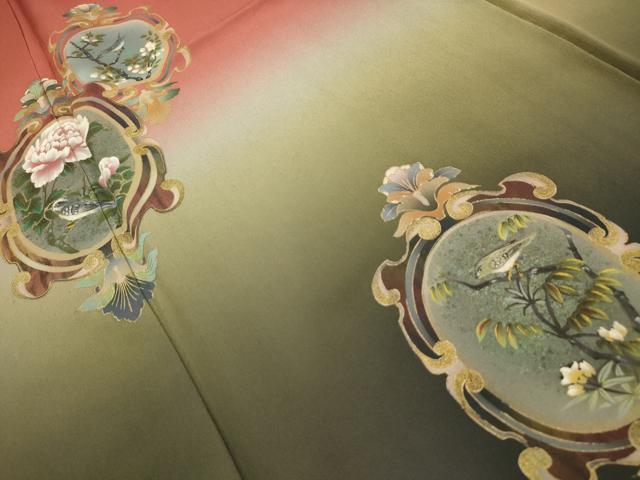 平和屋着物■訪問着 手描き 花鳥文 暈し染め 金彩 ロング丈 正絹 逸品 AABJ7944sx