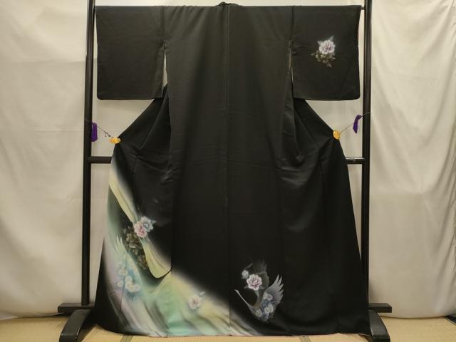 平和屋着物■訪問着 飛鶴花文 暈し染め 黒地 金銀彩 正絹 逸品 AABJ7945sx