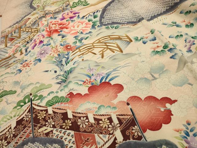 平和屋着物■豪華振袖 絞り 松竹梅 御所車風景文 金彩 正絹 逸品 AABJ7963sx