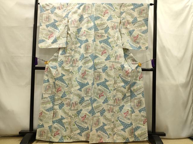 平和屋着物■上質な小紋 紬地 色紙重ね人物風景文 正絹 逸品 AABJ7974sx