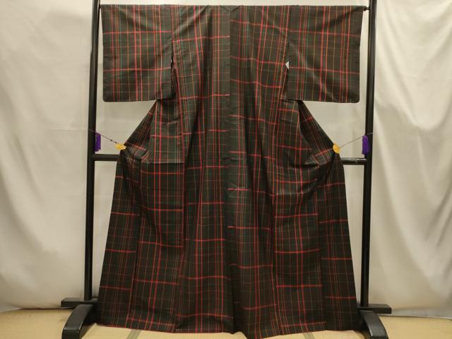 平和屋着物■本場縞大島紬 格子 黒地 正絹 逸品 AABJ7992sx