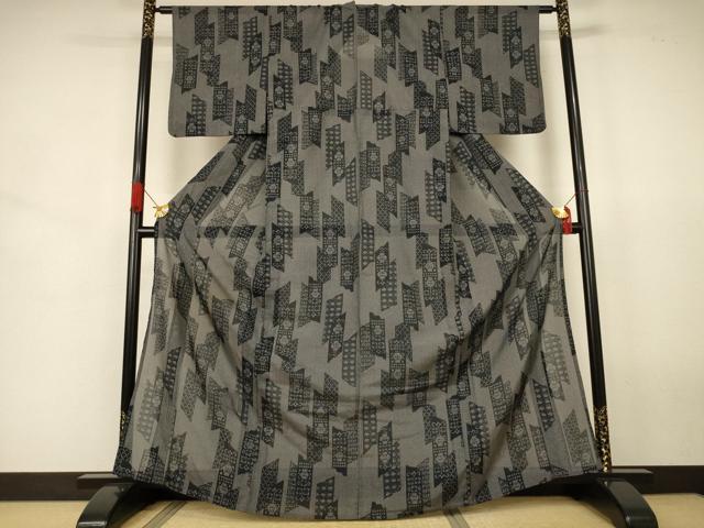 平和屋着物*夏物 小紋 紗 幾何学文様 黒地 洗える着物 AABJ8008jd