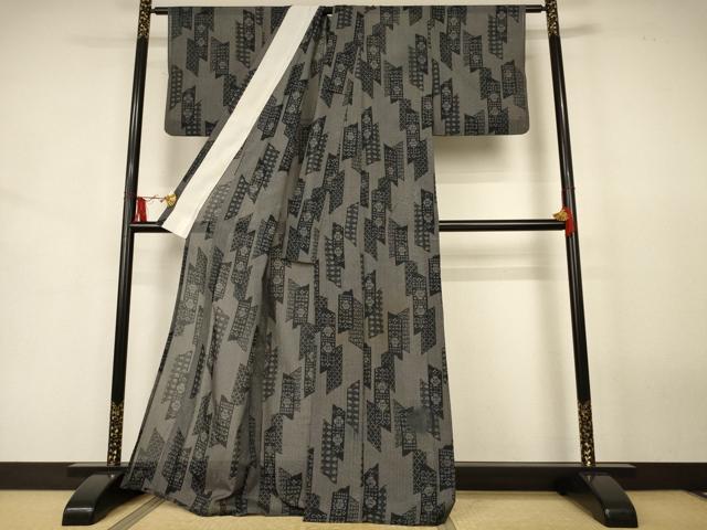 平和屋着物*夏物 小紋 紗 幾何学文様 黒地 洗える着物 AABJ8008jd