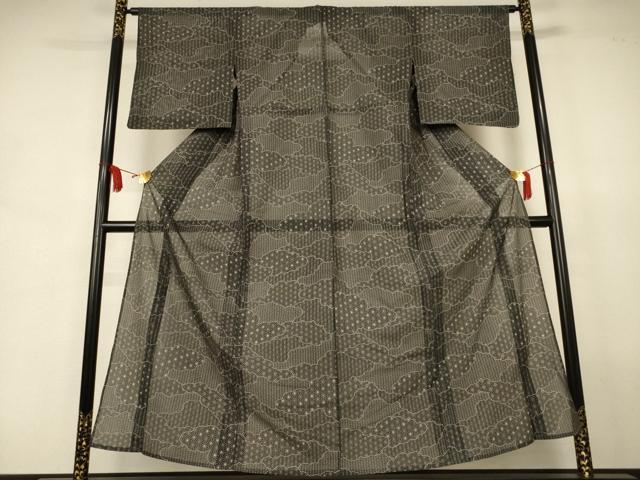 平和屋着物*夏物 小紋 絽 雲取り麻の葉文 黒地 洗える着物 AABJ8014jd